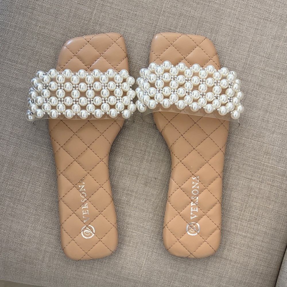 Versona Beige Pearl Embellished Sandals